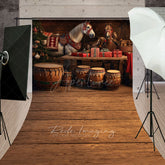 Aperturee - Aperturee Rustic Country Christmas Sweep Backdrop Festive Horses in a Barn with Drums Holiday Stable Floor Drop